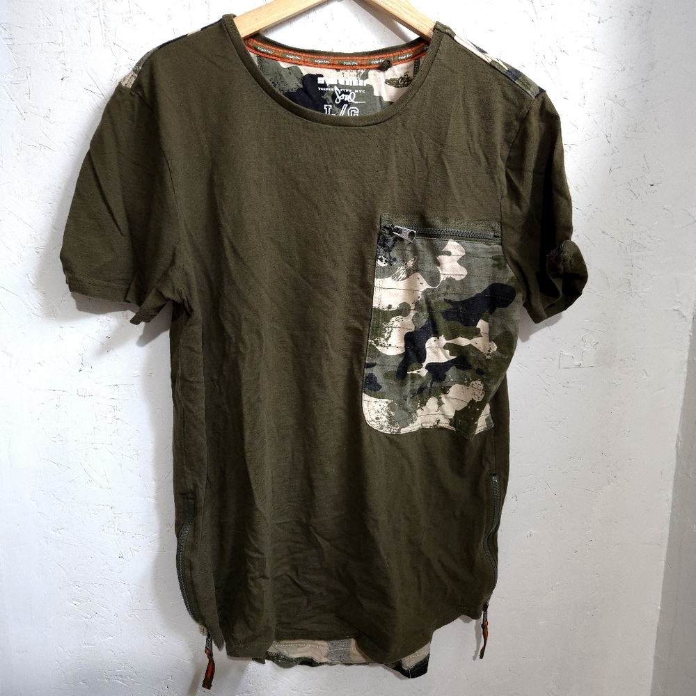 Triple Five Soul | Army Green Tee with Camouflage Pocket & Side Zippers
